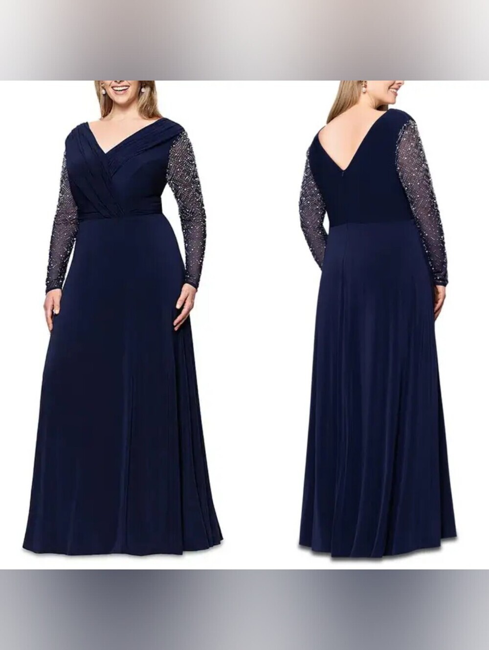 Betsy & Adam V-Neck Beaded Long A-Line Dress  Wedding Party Formal Feminine